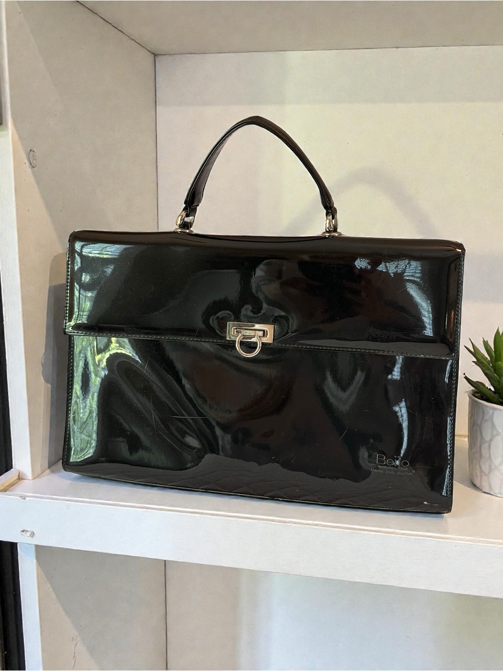 Beijo Black Patent Women’s Laptop Briefcase With Organization Compartments